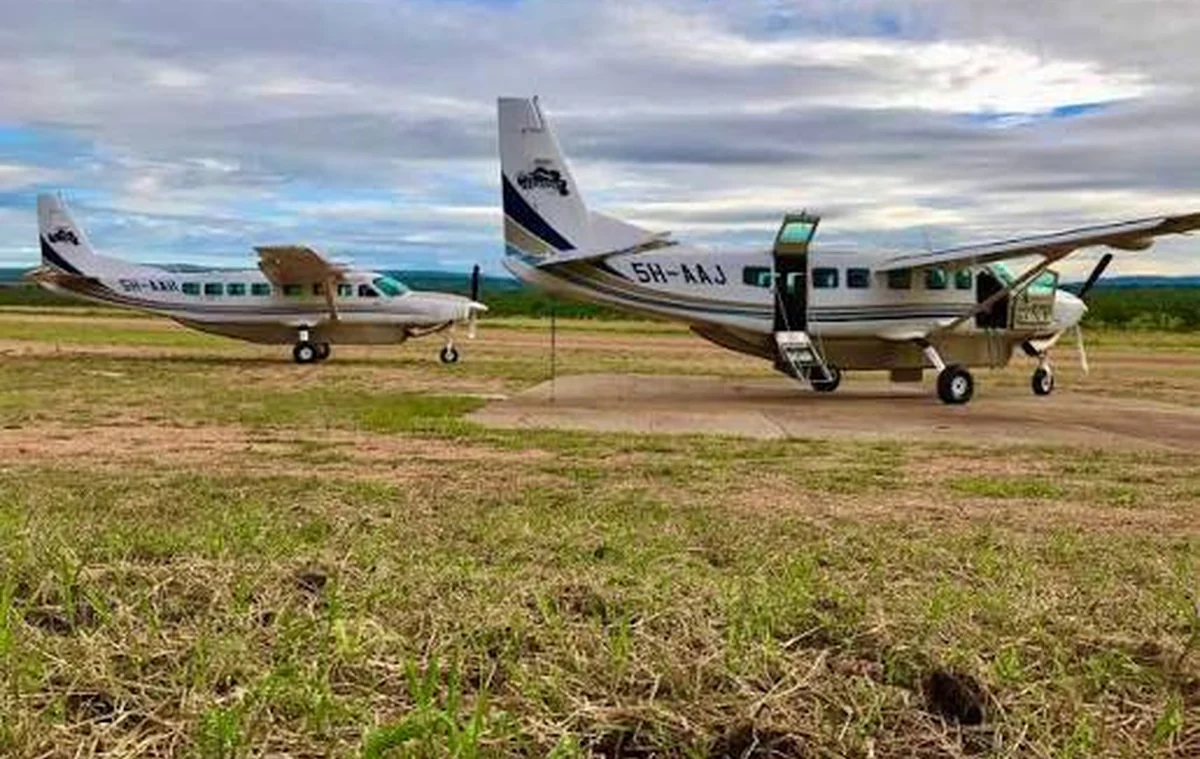 Safari light aircraft ready for boarding on a bush airstrip