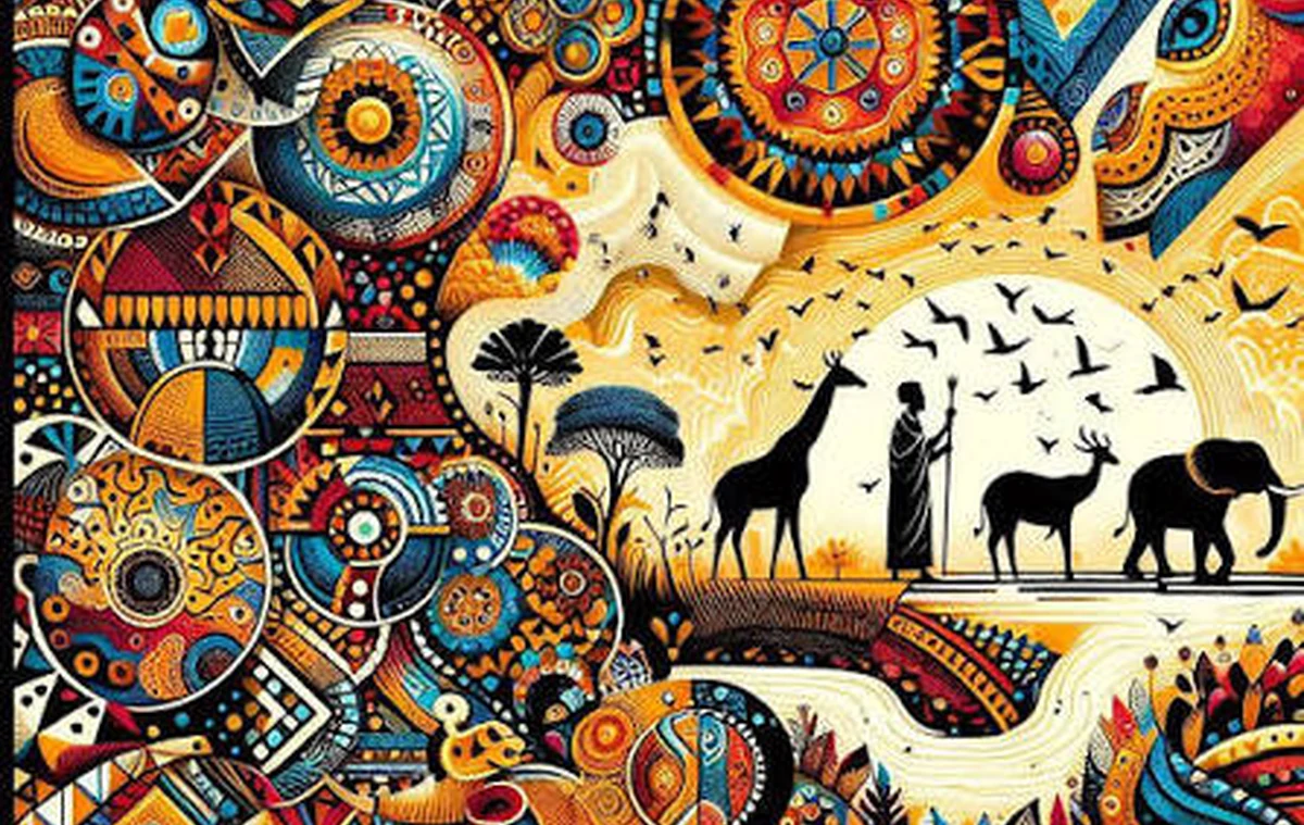 African cultural art illustration with safari silhouettes