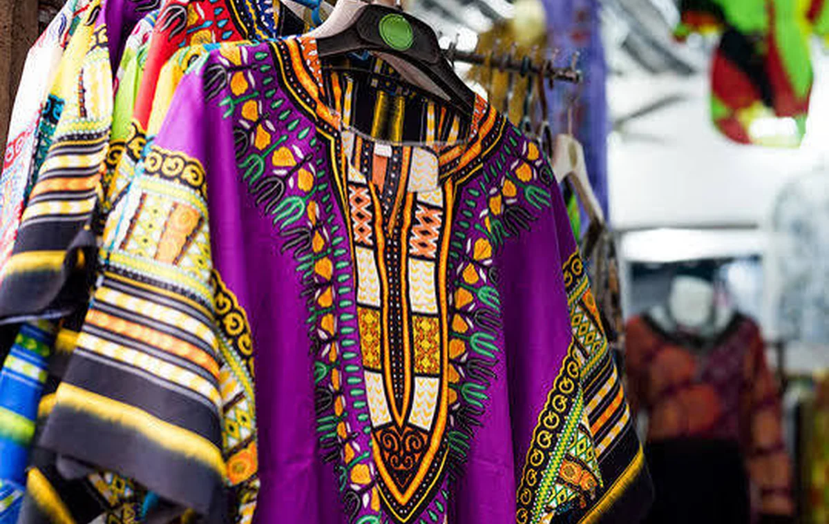 Colorful Tanzanian dashiki garments in a local market